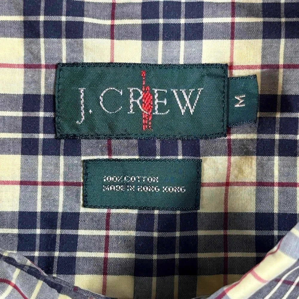 J. Crew Mens Plaid Button Down Shirt Medium Yellow Navy Blue Cotton Long Sleeve
